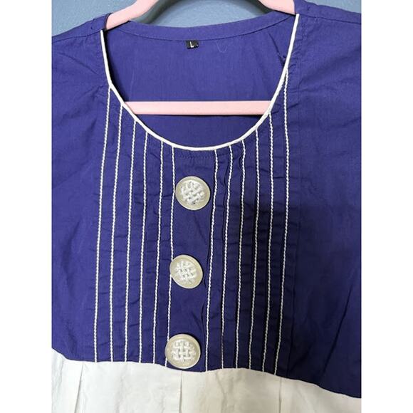 Y2K Big Buttons Dress Baby Doll Embroidered Dress Short Blue and White Sz Large - Picture 4 of 6